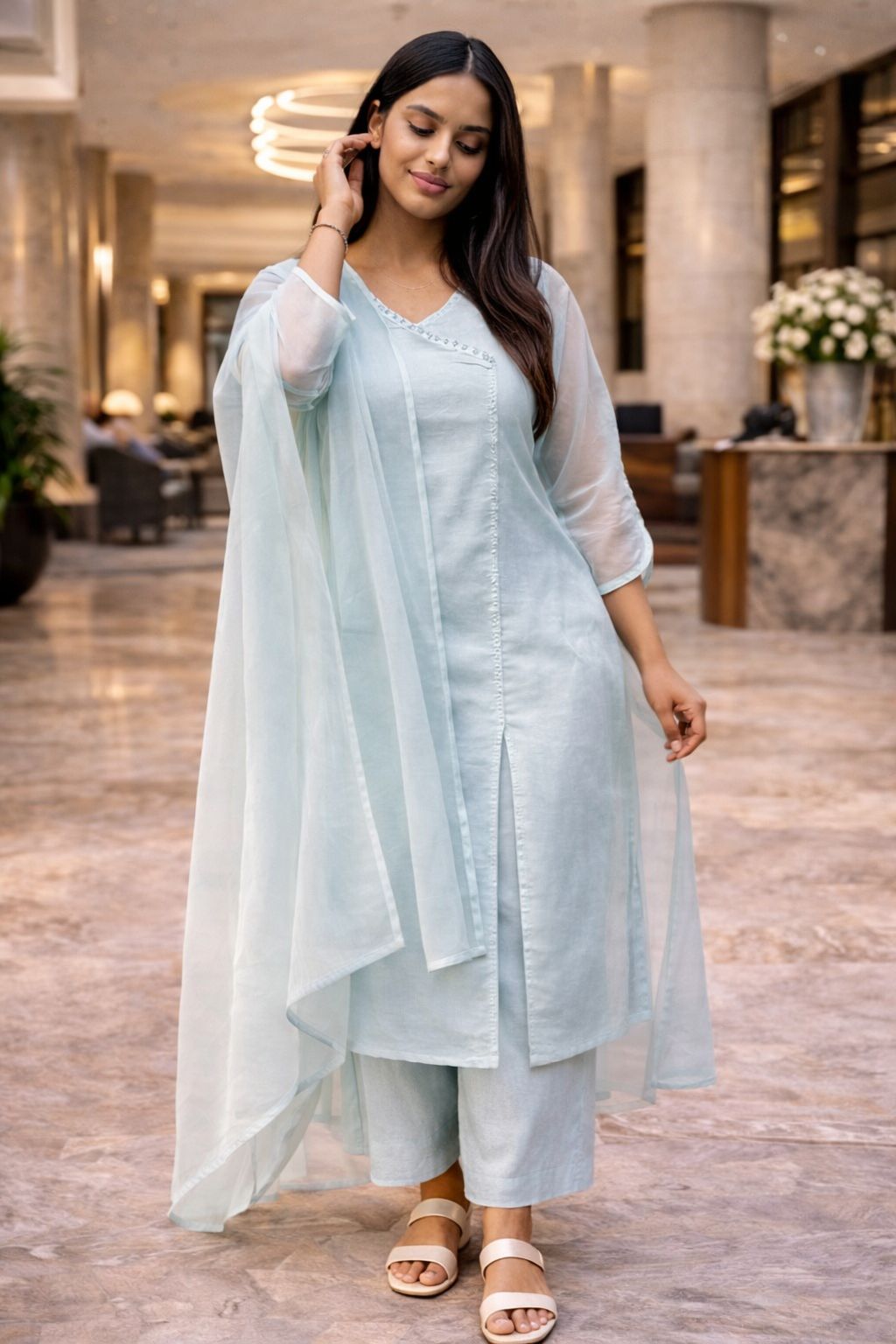 SKY BLUE PEARL DETAILING KURTA SET